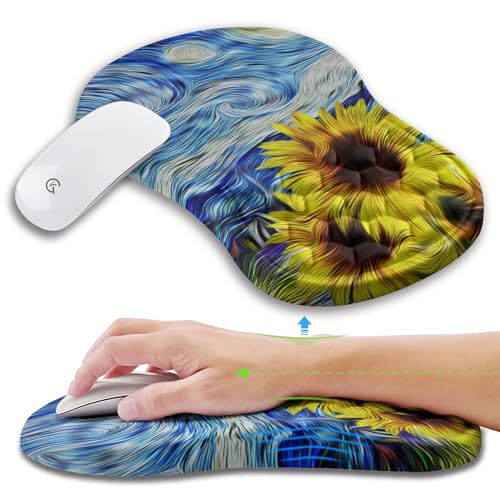 KUOSGM Large Ergonomic Mouse Pad Wrist Support with Gel Massage Bump, Carpal Tunnel Pain Relief Mousepad Wrist Rest for Computer & Wireless Mouse, Memory Foam Wrist Pad for Mouse(12x8 inch,Sunflower)