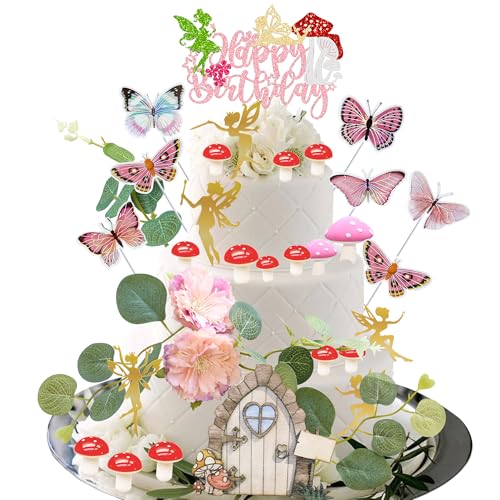 Ephlyn 47Pcs Fairy Cake Toppers Fairy Birthday Cake Decoration Pink Mushroom Door Butterfly Flowers Cake Decoration Fairy Garden Topper for Fairy Baby Shower Party Supplies Pink