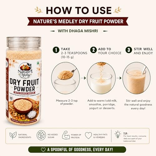 Image of Nature's Medley Premium Nuts and Seeds Dry Fruit Powder With Dhaga Mishri | Mixed DryFruit Powder | No Added Sugar | No Preservatives | Dryfruits Powder 125g