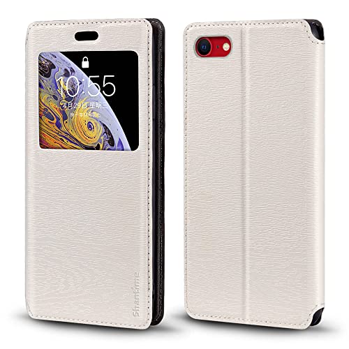 Coque à Rabat en Cuir PU avec Fenêtre Visible et Aimant Invisible Compatible avec iPhone SE 2022, Étui Intelligent à Affichage Clair (Blanc)