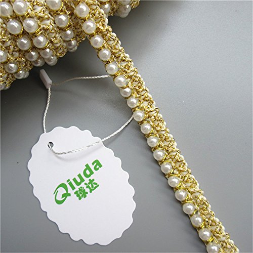 5 Yard Beaded Pearl Gold Nylon Strip Tape Lace Edge Trim Ribbon 15Mm Width Vintage Style White Edging Trimming Fabric Embroidered Applique Sewing Craft Wedding Bridal Dress Belt Scrapbooking Party Diy #TOP2