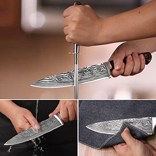 Astercook Knife Set, 15 Pcs Damascus Kitchen Knife Set With Block, German Stainless Steel Knife Block Set With Sharpener, Acacia Wood Block #TOP6