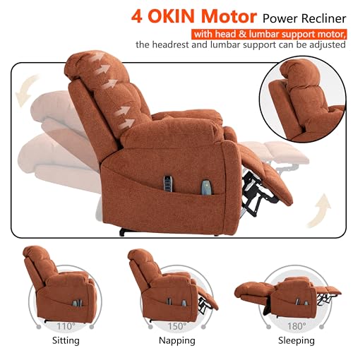 4 OKIN Motor Power Lay Flat Lift Recliner Chair for Elderly Adults Extra Large Recliners with Massage Heat, Adjustable Head-Back-Lumbar-Leg-Support, Extended Footrest, 2 Cup Holders