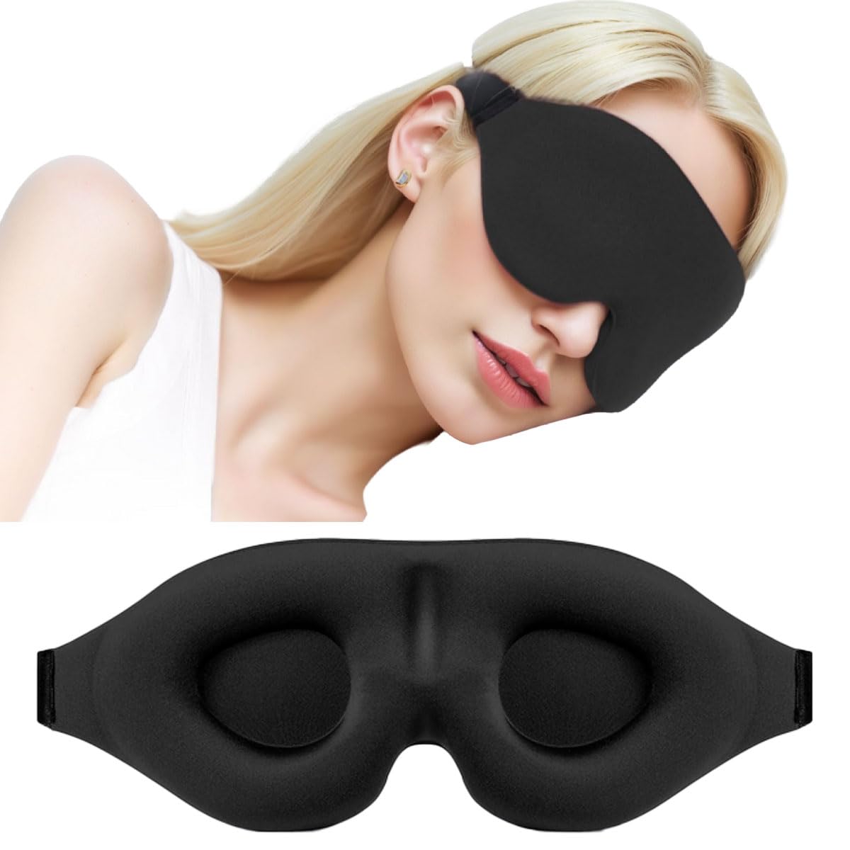 3D Contoured Sleep Eye Mask for Women Men Black Light Blocking Blindfold Soft Adjustable Night Blindfold for Travel
