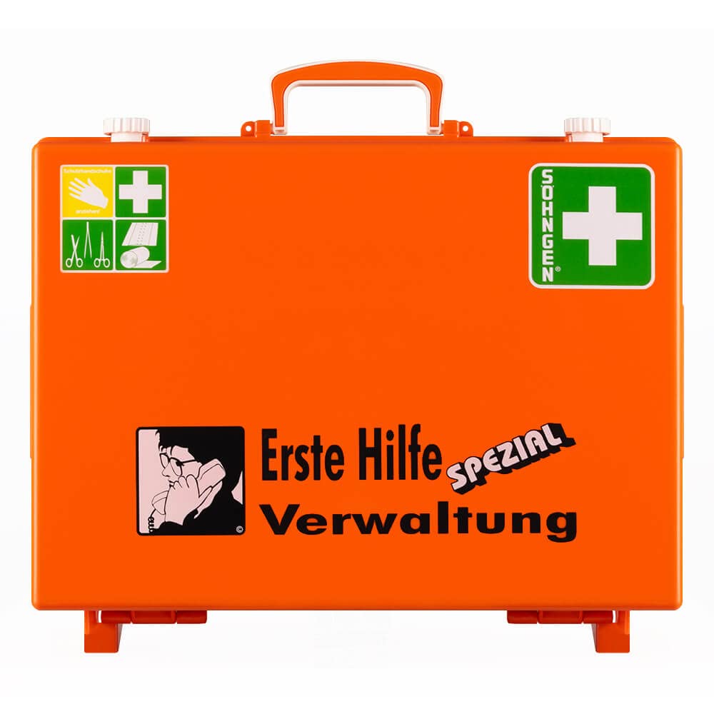 Erste-Hilfe-Koffer Verwaltung Söhngen, Wandhalterung, orange, ASR A4.3/DIN 13157, Art.-Nr. 110028 | Verbandskasten | Notfallkoffer | Erste Hilfe Kasten