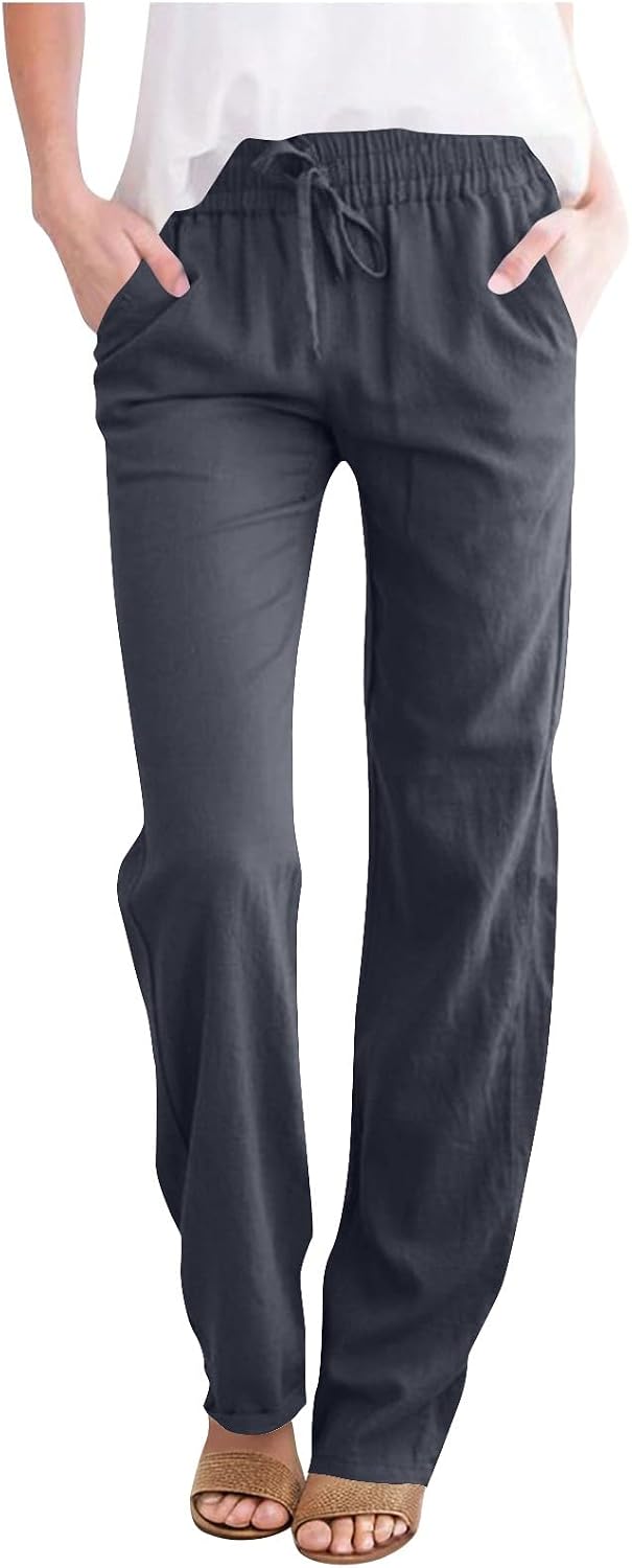 Straight Leg Pants for Woman Drawstring High Waisted Loung Pant Loose Beach Work Trousers with Pockets Resort Wear