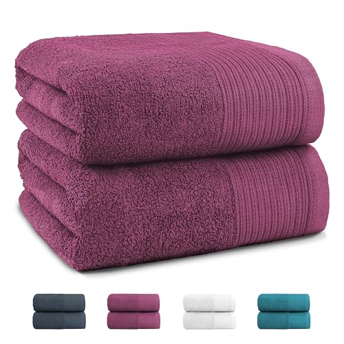 Montafox Set di 2 Asciugamani Doccia Bagno180 x 90 cm 100% Cotone 550 g/m² Morbidi Altamente Assorbenti Telo Doccia Sauna Grande, Colore:Prugna, Unità di imballaggio:set di 2