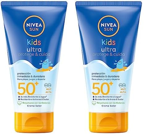 NIVEA SUN Kids Ultra Protege & Cuida FP50+ Crema solar para niños a partir de 3 años (150 ml), protector solar resistente al agua, crema hidratante con protección solar UVA & UBV (Paquete de 2)