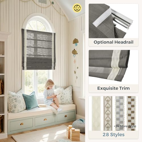 Image of TWOPAGES Liz No Drill Cordless Roman Shades Linen Textured Roman Blinds for Windows, Custom Made Room Darkening Blackout Roman Window Shades, Hardware Included, Ebony, 1 Piece