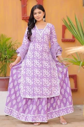 Image of PARTHVI Women's Printed Calf Length Straight Kurta & Skirt With Dupatta Set