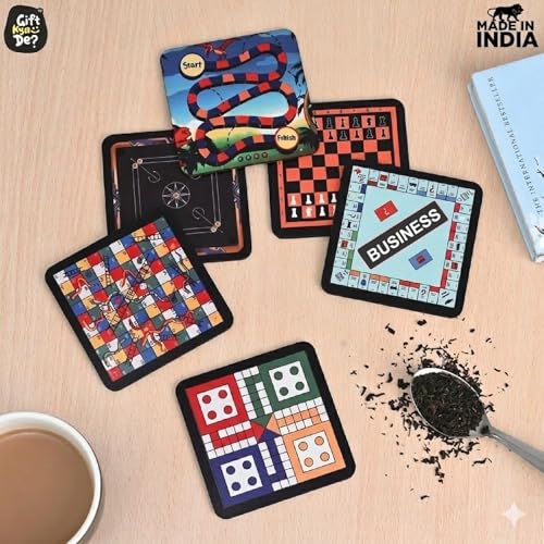 Image of GKD Coaster Set of 6 Beautiful Wooden Coasters with Proper Coaster Stand Designer Coaster Set for Tea Cups, Coffee Mugs and Glasses (Board Games)