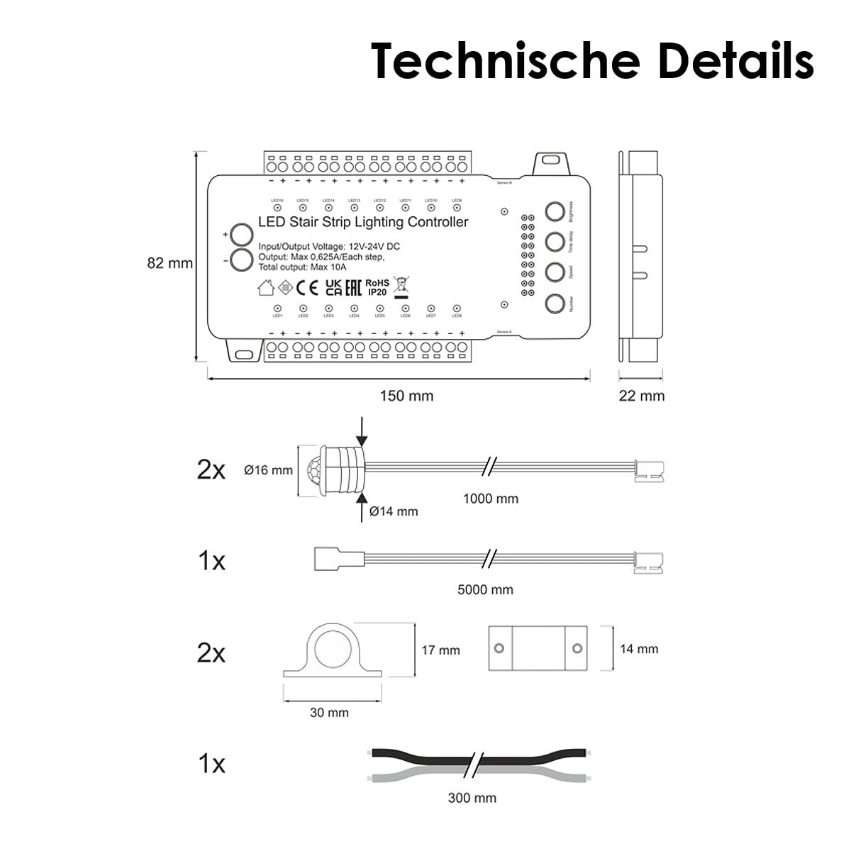 STEP Treppen-Stufen-Controller mit 2 PIR Sensoren | Automatische LED-Treppenbeleuchtung für bis zu 16 Stufen | 12V/24V DC | Einstellbare Helligkeit, Geschwindigkeit & Verzögerung | Weiß