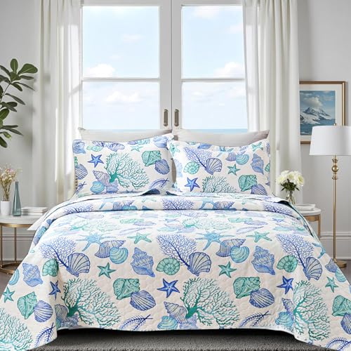 Ycosy 3 Piece Coastal Beach Quilt Set King Size Ocean Theme Bedding Set Blue Green Lightweight Bedspread Coverlet Shell Coral Conch Starfish Bed Covers Bedroom Decor with 2 Pillow Shams