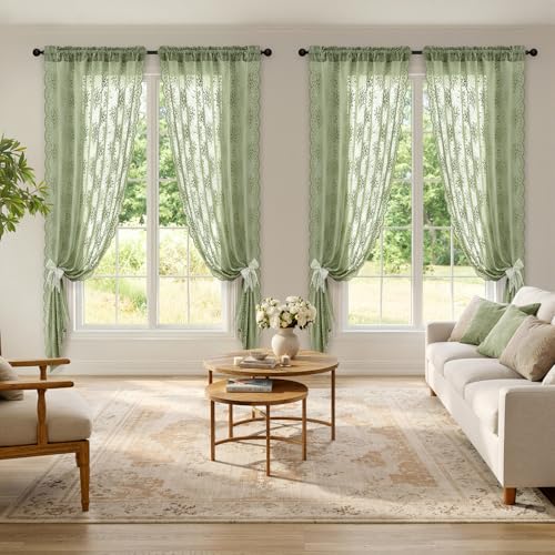 Image of MIULEE Vintage Floral Scalloped Lace Curtains, Sage Green 52 inch W x 63 inch L | 2 Panels, Spring Victorian Design, Short Semi Sheer Curtains, Light Filtering Rod Pocket Drapes, for Bedroom Living Room