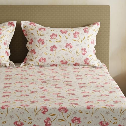 Image of Layers 100% Cotton Bedsheet for Double Size Bed | Lumina Floret Collection | 144 TC Soft & Breathable | Floral Print with 2 Pillow Covers | Wrinkle Free & Colorfast | 3 Piece Bedding Set - Pink