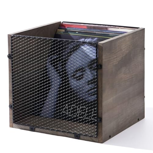 Sanmatin Vinyl Record Storage Crate, Record Holder Shelf - Heavy-Duty Vintage LP Organizer for 80+ Records, Stackable Metal Mesh Vinyl Crate(Retro Grey, 1)