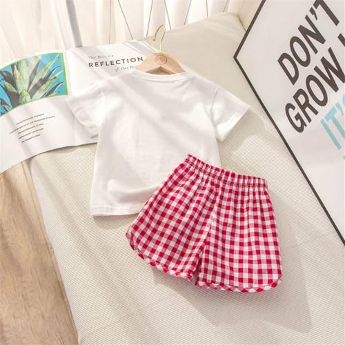 BILIKEYU Girls Summer Outfits Cute Graphic Short Sleeve Crewneck T Shirts and Plaid Elastic Waist Shorts 2pcs3