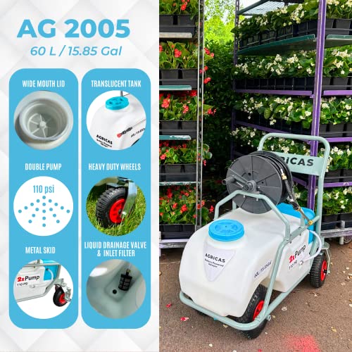 AGRICAS Battery Powered Sprayer with Double Professional Pump - 15.85 Gallon, Multifunctional Weed Sprayer for Lawn & Garden with Adjustable HD Wand and Nozzles, Portable Pushcart Sprayer with Wheels