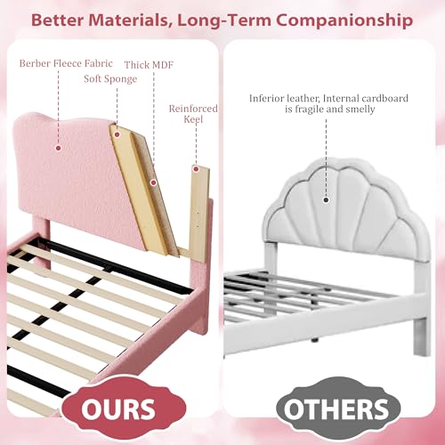 Image of GarveeHome Upholstered Full Size Bed Frame for Kids with Scallop Headboard, Cute Velvet Full Bed for Girls, Boys, Sturdy Platform Bed, No Box Spring Needed, Wooden Slats, Noise Free, Pink