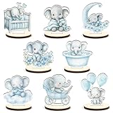 16 Pcs Wooden Baby Shower Table Centerpiece Blue Elephant Tabletop Detachable Sign It's A Boy Gender Reveal Table Toppers Display Decoration Elephant Birthday Photo Props Party Favor Supplies