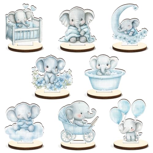 16 Pcs Wooden Baby Shower Table Centerpiece Blue Elephant Tabletop Detachable Sign It's A Boy Gender Reveal Table Toppers Display Decoration Elephant Birthday Photo Props Party Favor Supplies