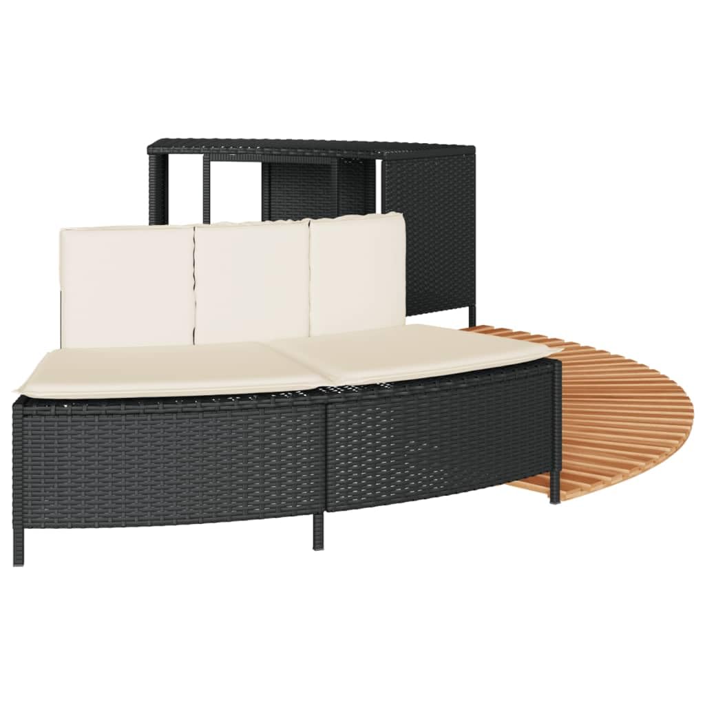 Whirlpool-Umrandung Schwarz Poly-Rattan und Massivholz Akazie Schwimmbecken Poolumrandung