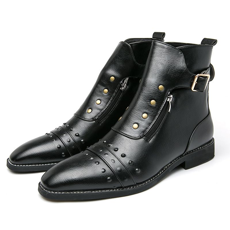 Men's Leather Motorcycle Ankle Boots Side Zipper Dress Casual Riding Rock Plain Toe Studded Men Boots2