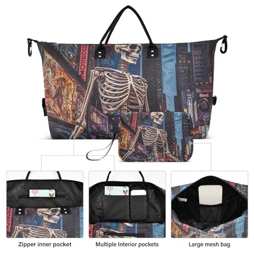 Large Travel Duffel Bag, Skeleton in City Sports Tote Gym Bag, Shoulder Weekender Overnight Bag for Women Men, Carry On Luggage with Toiletry Bags2