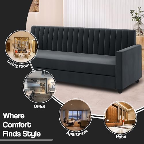 Image of 3+2 Fabric Sofa Set with Ottoman for Living Room | Modern Upholstered 5-Seater Couch | Soft Cushion, Premium Velvet Fabric-Black
