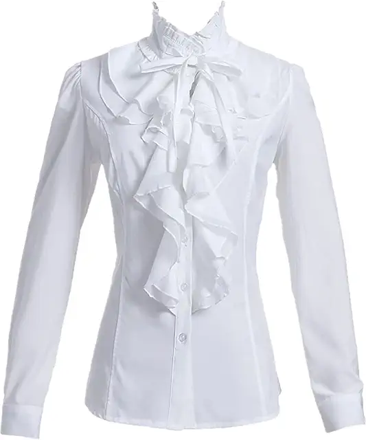 Women's Lace Ruffle Neck Blouse with Stand Collar - Long Sleeve Shirt Tops