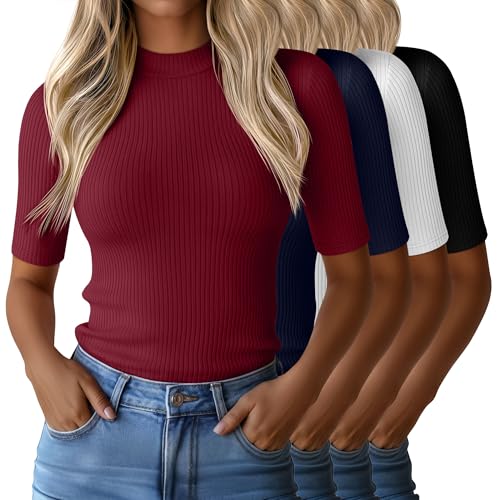 Image of Huukeay 4 Pack Women 1 /2 Half Sleeve Tops Mock Turtleneck Shirts