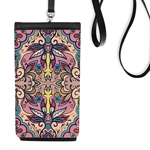 Smartphone bourse en cuir suspendu téléphone noir porte-monnaie motif fleurs feuilles