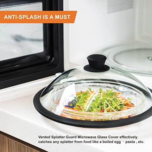 Oec Vented Splatter Guard Microwave Glass Cover With Easy Grip Handle - 100% Food Grade Tempered Glass & Bpa Free Silicone Rim. Compatible With Plates, Bowls And Meal Prep Containers, Dishwasher Safe - 11” Diameter – Black #TOP4
