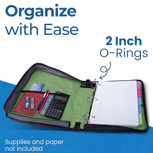 Image of Case-it Universal Zipper Binder | 2-Inch O-Rings, 13-Inch Laptop /Tablet Padded Pocket, 400 Sheet Capacity, Multiple Storage Pockets & Shoulder Strap | School & Office Organizer | LT-007 Canopy Green