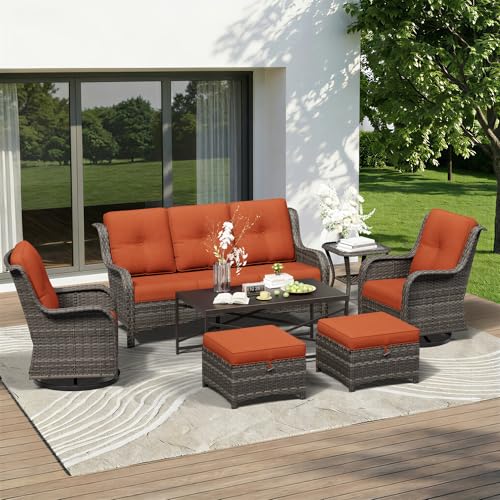Image of 7 Piece Outdoor Wicker Patio Furniture Set, Outdoor Swivel Rocker Patio Chairs Set with Thickened Olefin Cushions, High Back and Deep Seating, Hand-Woven PE Rattan for Porch, Deck