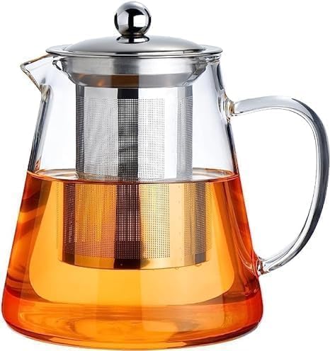 Gopinath enterprise Borosilicate Square Glass Tea Pot with Heat Resistant Stainless Steel Infuser Perfect for Tea and Coffee Maker, Clear Glass Kettle (550 ml, Round)