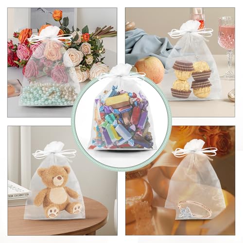 100PCS White Organza Gift Bags 5x7 Inch – Sheer Drawstring Pouches for Wedding Favors, Candy, Jewelry, Party Gifts, Valentine\'s Day, Halloween, Christmas, Bulk Packaging