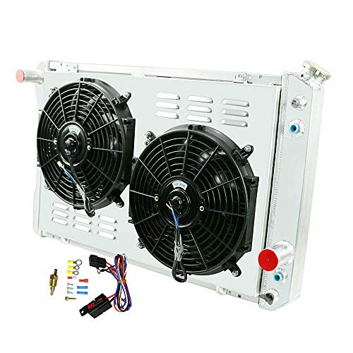 OzCoolingParts 3 Row Core Aluminum Radiator + 2 x 12  Fan w Louver Shroud + Thermostat Relay Wire Kit for 1982-1992 83 84 85 86 87 88 89 90 91 Chevy Camaro P20 P30 Pontiac Firebird GMC P2500 P3500
