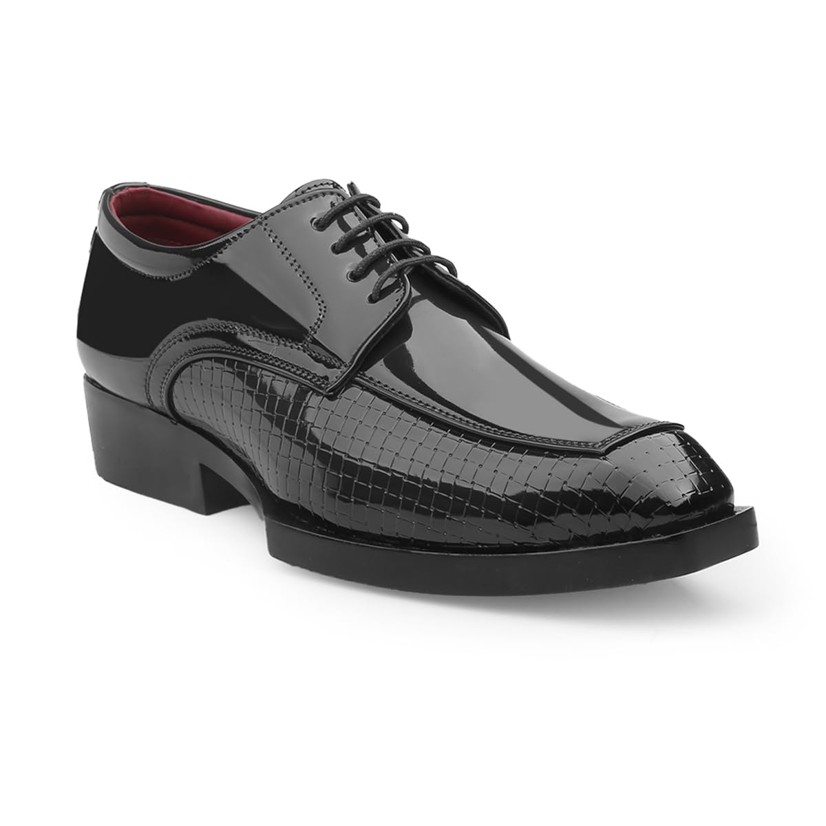 Men's Patent Leather Black Lace-Up Derby Shoes – Glossy Woven Textured Formal Oxford Dress Shoes with Square Toe. - 7 UK-image-14