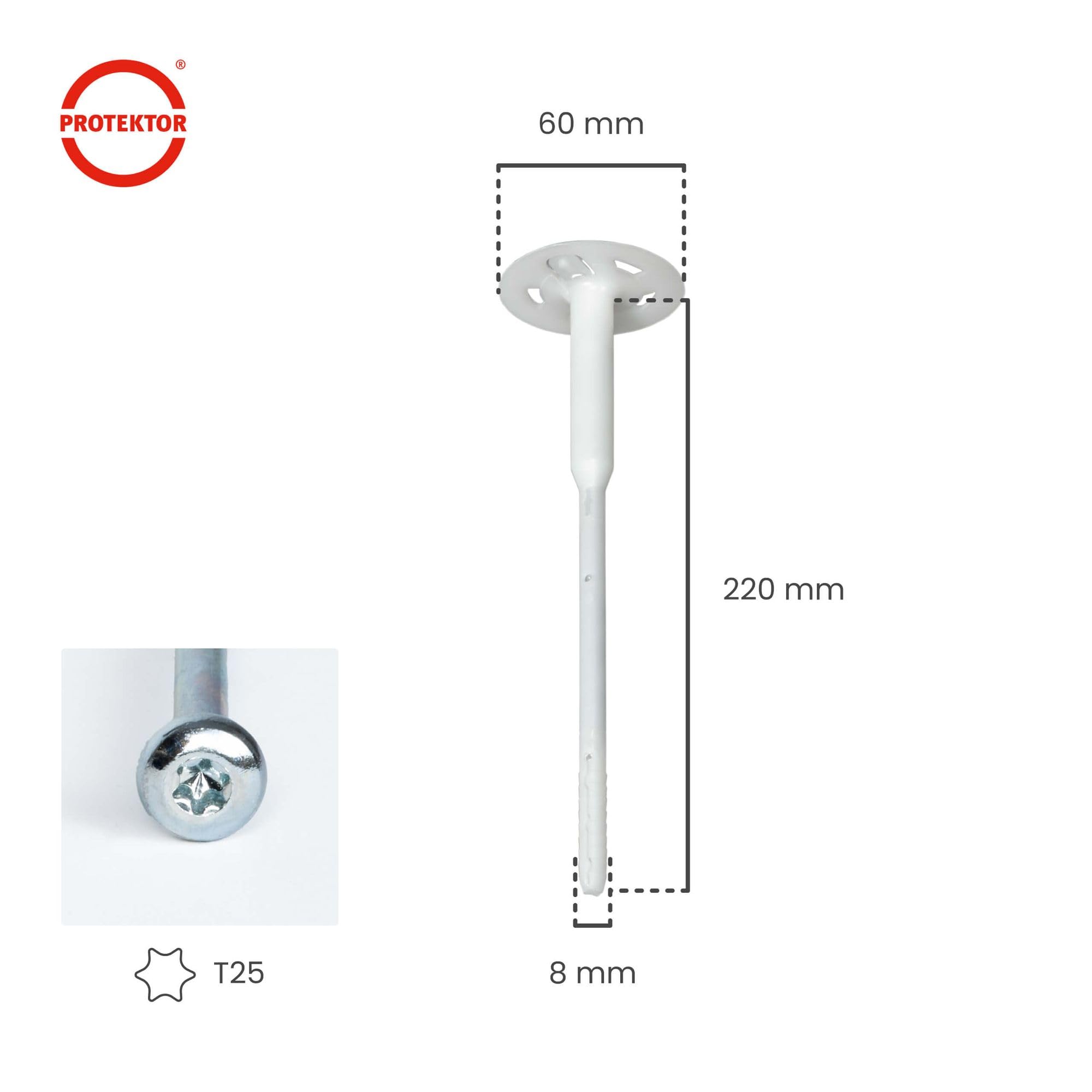 PROTEKTOR 200x Dämmstoff-Schraubdübel Ø8x220mm mit verzinkter Stahlschraube, WDVS Dübel, Dämmstoffdübel zur Fassaden Dämmung, Langschaftdübel bei Wärmedämmung