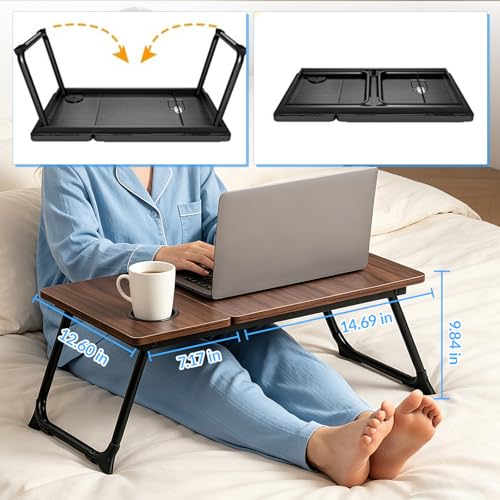 Image of Foldable Laptop Desk for Bed, 21.6 inch Split Desktop Adjustable Lap Desk for Adults, 5 Tilt Angles Ergonomic Laptop Table with Cup Holder, No Assembly Portable Bed Desk for Couch, Office, Travel (Black)
