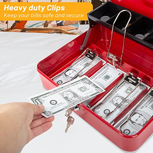 Sgorlds Large Locking Cash Box with Key Lock and Money Tray, Money Box with Cash Tray, Lock Safe Box 11.8\" x 9.5\" x 3.5\", Red