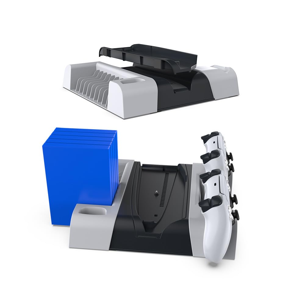 Soporte Multifuncional y Estación de Enfriamiento Consola Para PS5 Slim, Estación de Carga de Doble Mando Compatible con PS5, Cargador de Mando, Almacenamiento de Discos