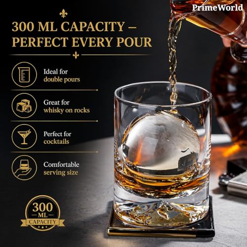 Image of PrimeWorld Hand Blown Crystal Double Old Fashioned Cocktail Set of 6pcs-300ml, Solid Whiskey Glasses, Rocks Glasses, Lowball Glasses - Perfect Size for Oversized Ice Cubes