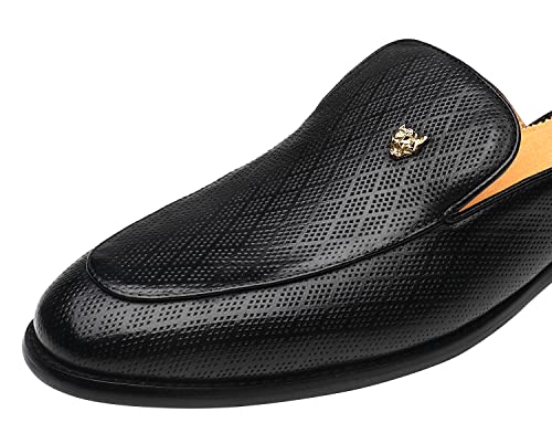 Image of ELANROMAN Men's Backless Loafers Black Genuine Leather Mules Slippers Slip on Shoes