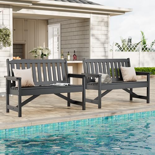 Image of Takywep 2‑Seater HDPE Patio Benches Set of 2, Weatherproof Outdoor Bench, Garden Slatted Bench for Front Porch, Deck, Lawn, and Pool, 2 Pack, Grey