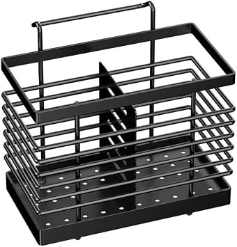 Kitchen Hanging Utensil Holder for Countertop with 2 Compartments,Wall Mount Utensil Drying Racks, Self Utensil Caddy, Hanging Organizer Rack MetalBlack
