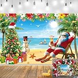 Summer July Christmas Backdrop Tropical Beach Christmas Tree Santa Photography Background Hawaiian Xmas Holiday Party Decoration Banner Supplies Photo Props (7x5FT)