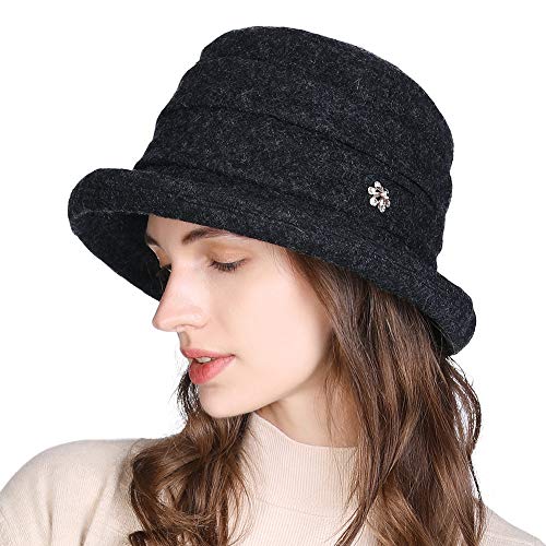Fancet Damen Woll-Bucket-Hat Winter 1920er Vintage Cloche Bowler Hüte Elegante Derby Kirche Hüte für Frauen, M/L