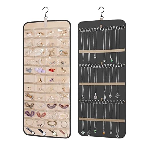 Organisateur de Bijoux à Suspendre avec Cintre Rotatif à 360 Degrés, Porte-Collier Double Face Organisateur de Chaîne de Bijoux avec Grandes Poches Zippées et Crochets pour(83 cm/33 Pouces Noir)